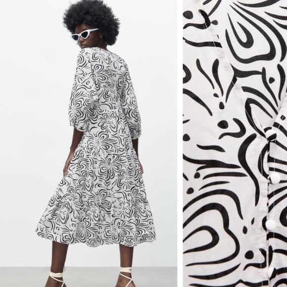 Zara White & Black Printed Tired V-Neckline Midi Dress Voluminous Sleeves Lined - Picture 2 of 12
